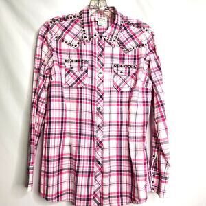 Ariat Western Silver Studded Embellished Top Size L Purple Pink Plaid Retro